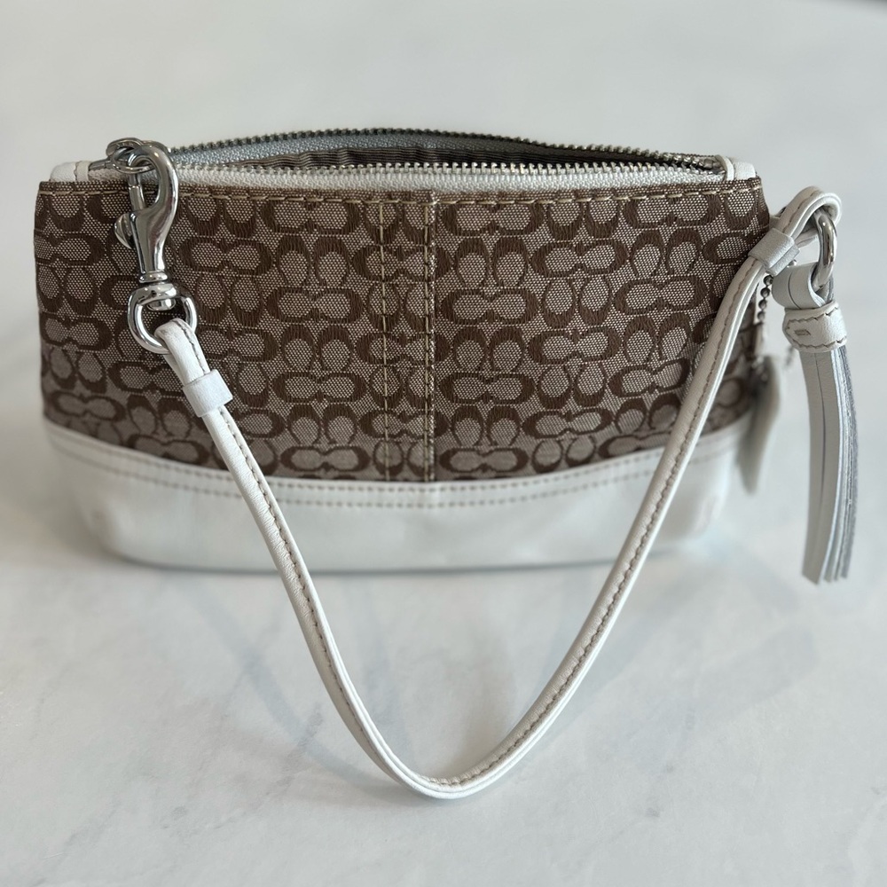 Coach Brown Signature Canvas Wristlet with White Leather Trim - Picture 7 of 13